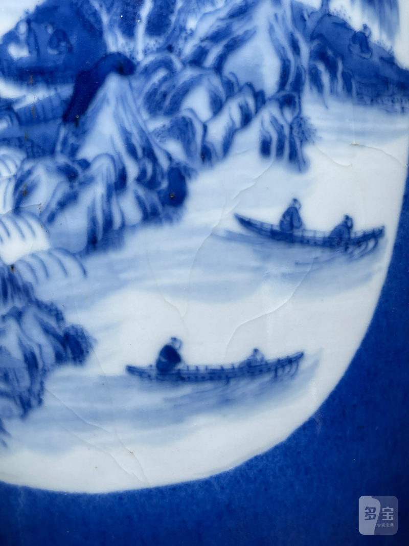 清晚期 洒蓝开光青花山水纹盖罐 - 图7